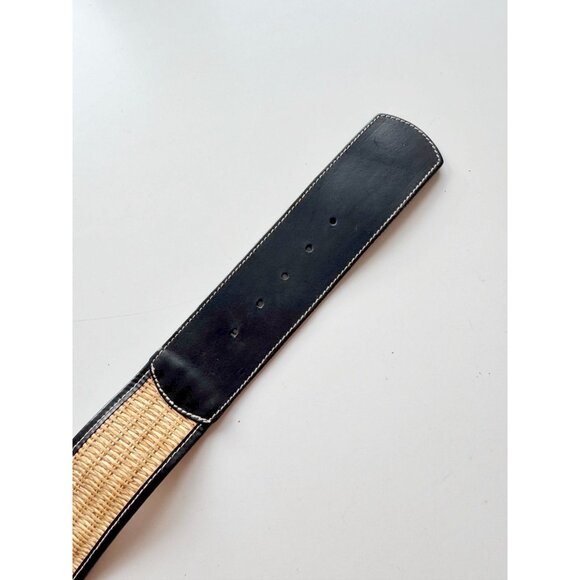 STEFANEL Black Leather Tan Raffia Wide Belt, Size 3 - Picture 9 of 11